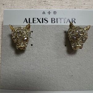 Alexis Bittar Rhinestone Gold-Plated Leopard Head Stud Earrings NEW